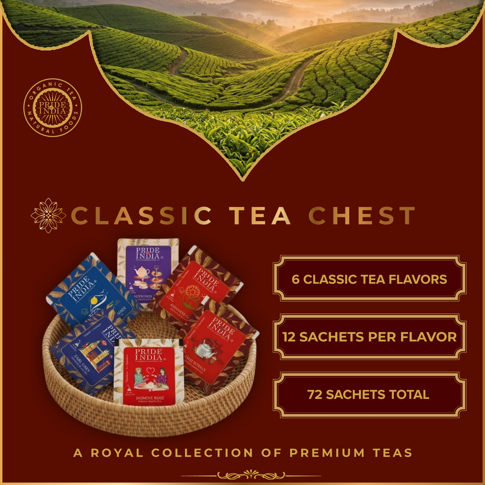 Premium Tea Chest – 6 Flavors, 72 Tea Bags (Classic & Herbal Options)