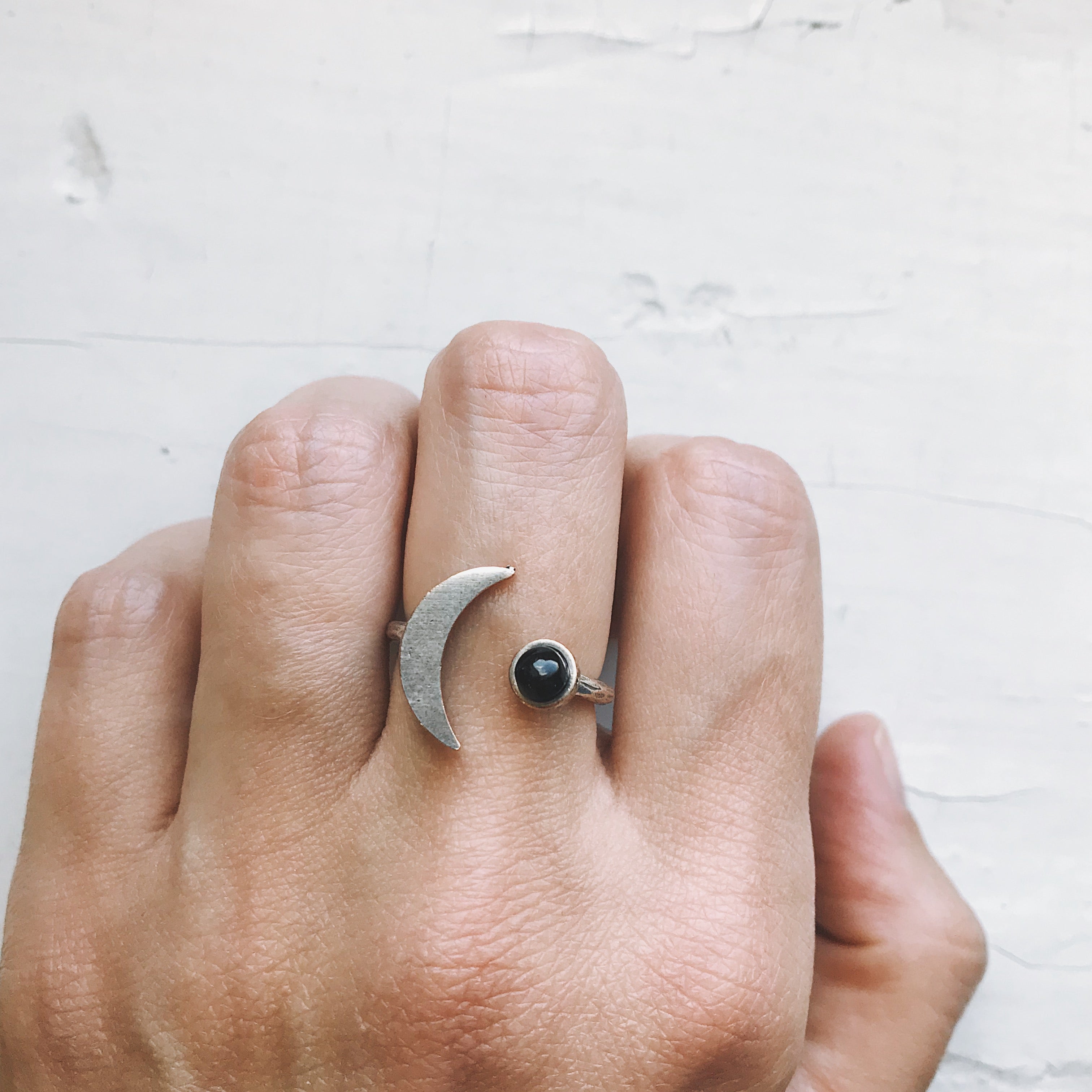 CLEARANCE Crescent Moon Ring with Black Onyx